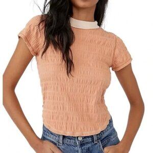 Free People Womens T Shirt Small Short Sleeve Bea Tee Cream/Orange